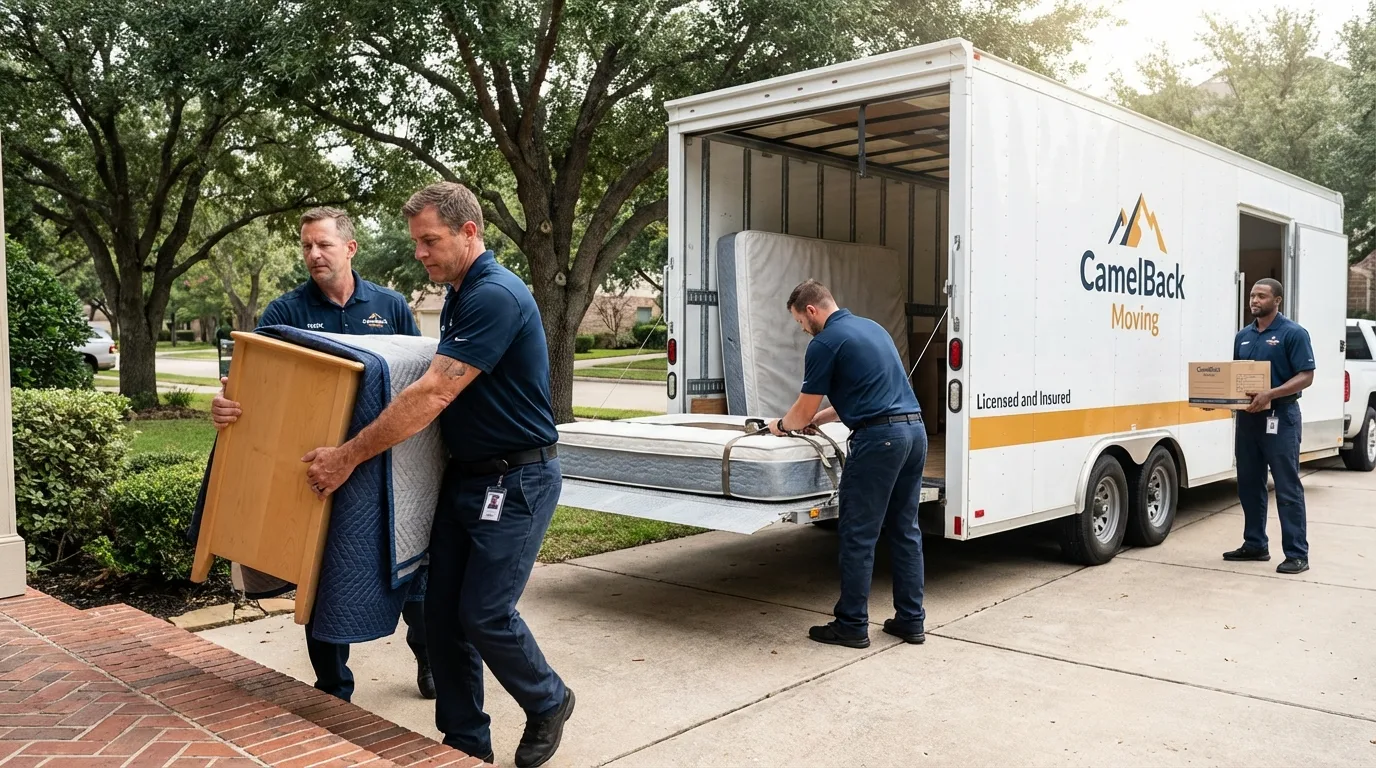 Crew loading residential truck for cross-state move from Jacksonville, TX