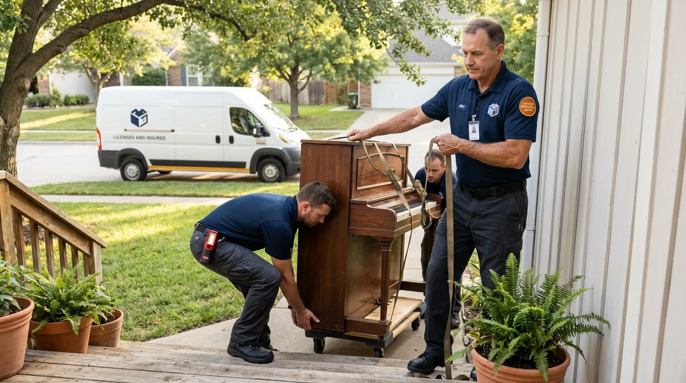 Licensed piano movers securing grand piano in Jacksonville, TX