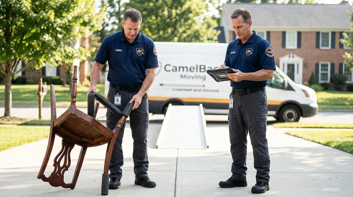Movers inspecting furniture for damage prevention before loading in Jacksonville, TX