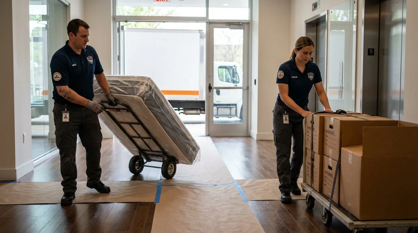 Professional apartment movers loading elevator in Jacksonville, TX