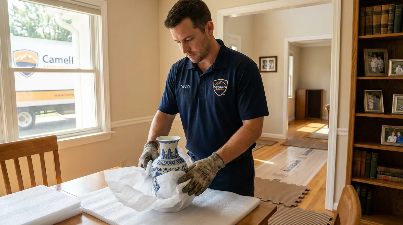 Professional crew carefully wrapping antique vase for senior downsizing move in Jacksonville, TX